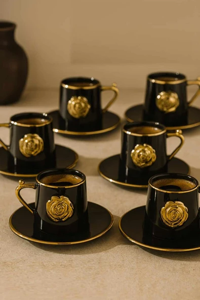 6 Kişilik Gold Gül Detaylı Lüks Porselen Türk Kahvesi Fincan Takımı ürün görseli 1