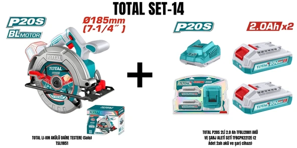 Total Set-14 (TOTAL LI-ION AKÜLÜ DAİRE TESTERE (Solo) TSLI1851+TOTAL P20S 2Lİ 2.0 Ah TFBLI2001 AKÜ VE ŞARJ ALETİ SETİ TFBCPK2212E) ürün görseli 1