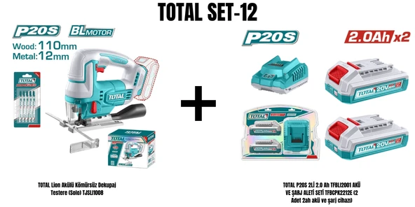 Total Set-12 (TOTAL Lion Akülü Kömürsüz Dekupaj Testere (Solo) TJSLI1008+TOTAL P20S 2Lİ 2.0 Ah TFBLI2001 AKÜ VE ŞARJ ALETİ SETİ TFBCPK2212E) ürün görseli 1