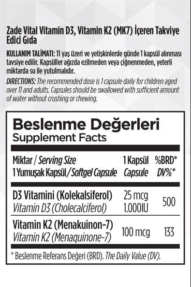 Zade Vital D3+K2 Vitamini 30 Kapsül - Resim 4
