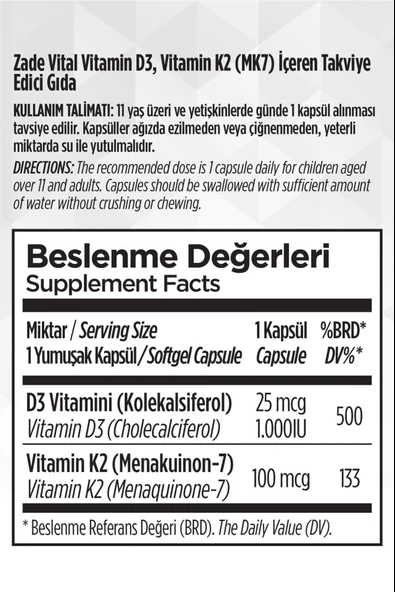 Zade Vital D3+K2 Vitamini 30 Kapsül - Resim 4