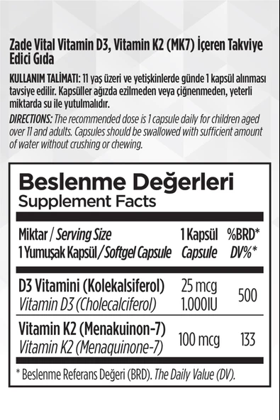 Zade Vital D3+K2 Vitamini 30 Kapsül - Resim 3