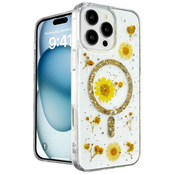iPhone 16 Pro Kılıf Daisy Simli Magsafe Kapak - Gold ürün görseli 1