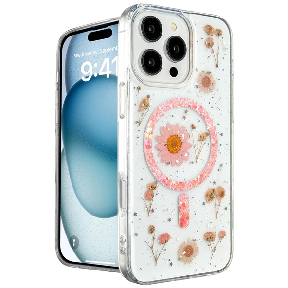 iPhone 16 Pro Max Kılıf Daisy Simli Magsafe Kapak - Pembe ürün görseli 1