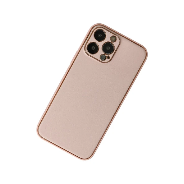 iPhone 13 Pro Max Kılıf Coco Deri Silikon Kapak - Pudra - Resim 2