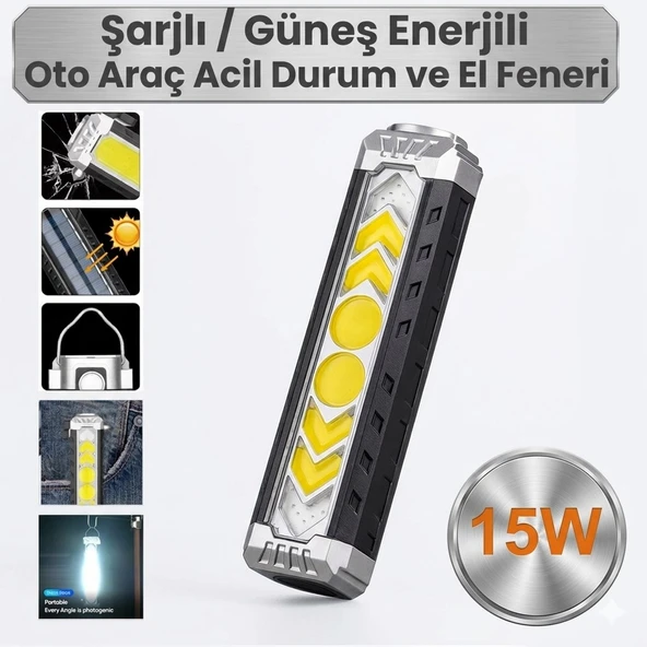 Oto Araç Acil Durum Kamp El Feneri Güneş Enerjli Ledli 15w Şarjlı Mıknatıslı Askılı Su Geçirmez ürün görseli 1