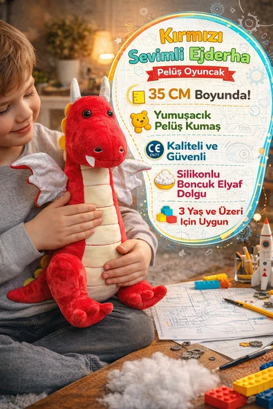 35 cm Kırmızı Peluş Ejderha Oyuncak Yumuşak Sevimli Ejderha Bebek Çocuk Oyuncağı ürün görseli 1