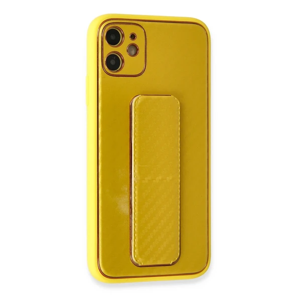 iPhone 12 Kılıf Coco Karbon Standlı Kapak - Sarı - Resim 2