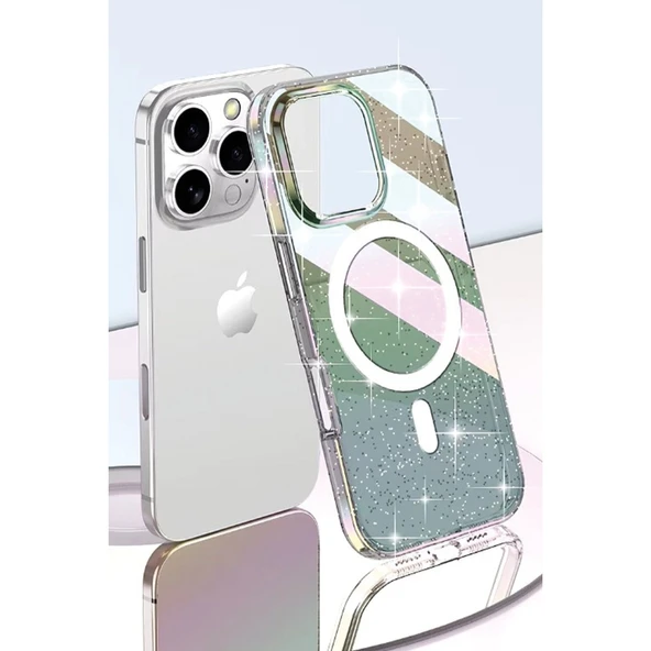 iPhone 15 Pro Max Rasasi Simli Magsafe Kapak - Şeffaf - Resim 3
