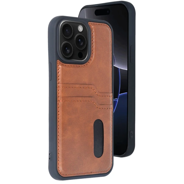 iPhone 15 Pro Max Kılıf Sara Kartvizitli Deri Kılıf - Taba ürün görseli 1