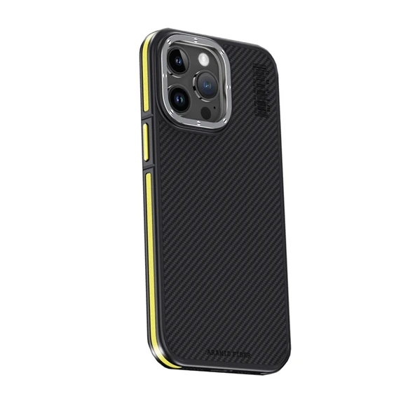 iPhone 15 Pro Kılıf Aramid 600d Kevlar Karbon Fiber Magsafe Kapak - Sarı ürün görseli 1