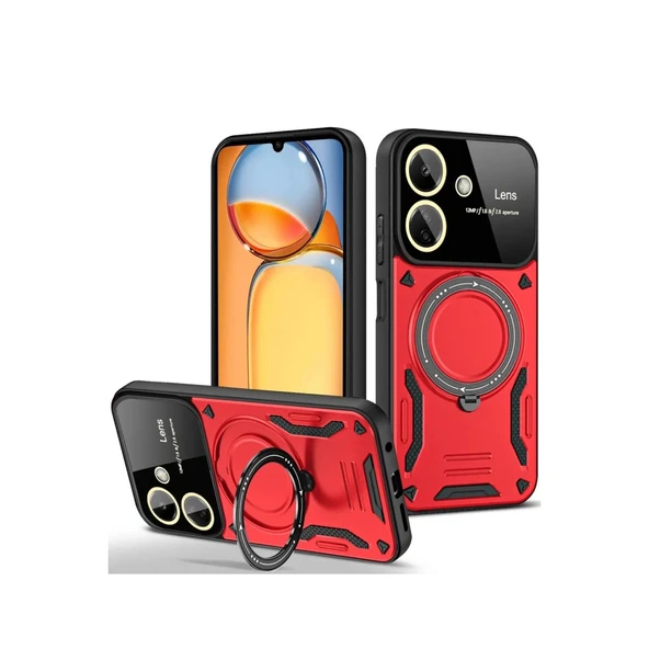 Xiaomi Redmi 13c Kılıf Joy Lens Standlı Kapak - Kırmızı ürün görseli 1