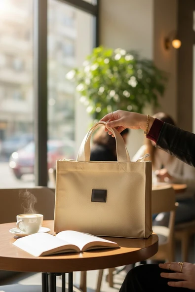 Enoch Kadın El Çantası Kanvas Dokulu Minimalist Kare Formlu Küçük Boy Tote Çanta ürün görseli 1