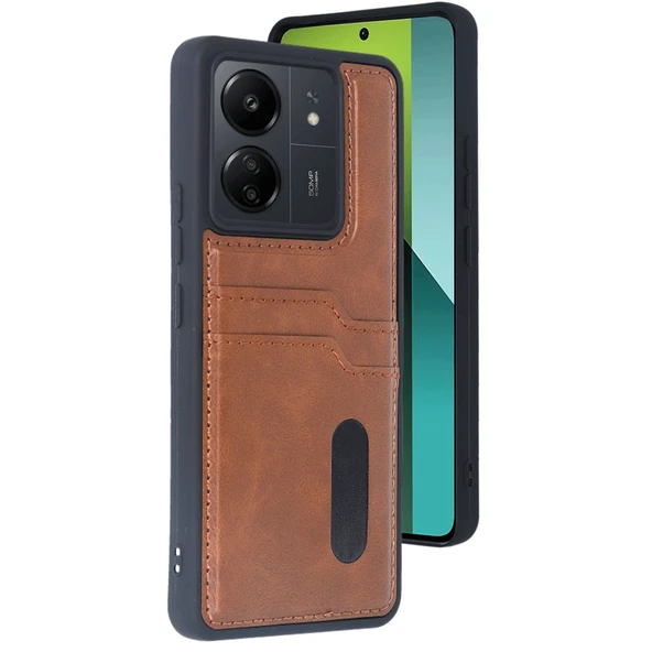 Xiaomi Redmi 13c Kılıf Sara Kartvizitli Deri Kılıf - Taba ürün görseli 1