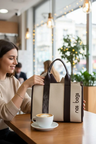Enoch Kadın El Çantası Kanvas Dokulu Kontrast Şeritli ve Nakış Logolu Minimalist Tote Çanta ürün görseli 1