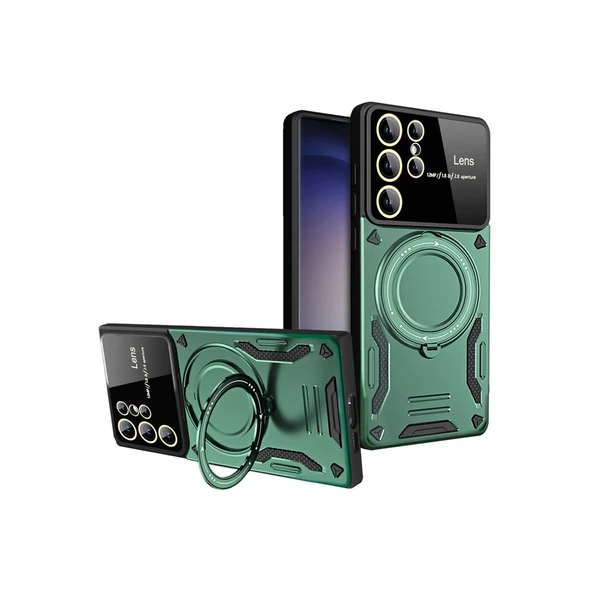 Samsung Galaxy S25 Ultra Kılıf Joy Lens Standlı Kapak - Koyu Yeşil ürün görseli 1