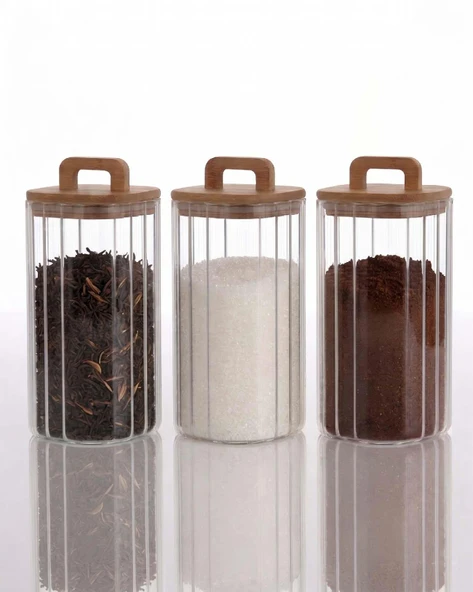 Bambu Kapaklı Borosilikat Cam Kavanoz Takımı - 3 Parça (1500 ml) ürün görseli 1