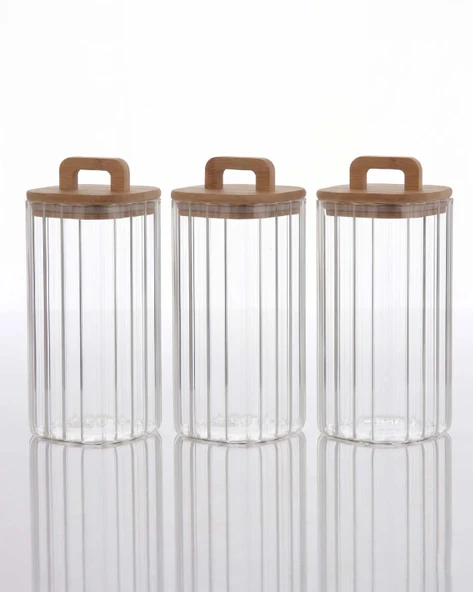 Bambu Kapaklı Borosilikat Cam Kavanoz Takımı - 3 Parça (1100 ml) ürün görseli 1