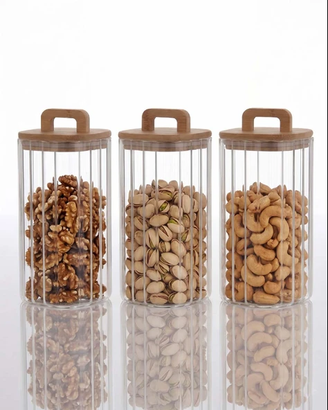 Bambu Kapaklı Borosilikat Cam Kavanoz Takımı - 3 Parça (1850 ml) ürün görseli 1