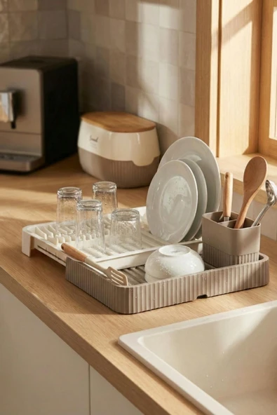 Vizon Sürgülü Lavabo Üstü Bulaşıklık & Fonksiyonel Tabaklık Ve Bardaklık 32x36 cm ürün görseli 1