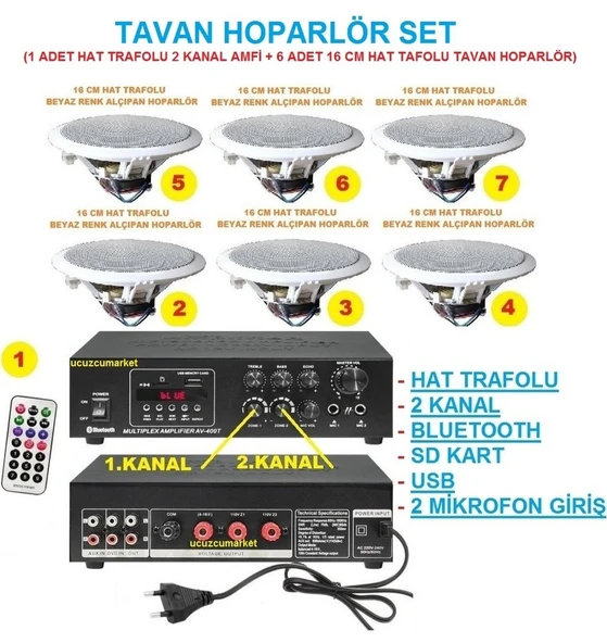 Tavan Hoparlör Seti(1 Adet Hat Trafolu 2 Kanal Amfi + 6 Adet 16 cm Hat Tafolu Tavan Hoparlör TAVAN HOPARLÖR SET  (1 ADET HAT TRAFOLU 2 KANAL AMFİ + 6 ADET 16 CM HAT TRAFOLU TAVAN HOPARLÖR) ürün görseli 1