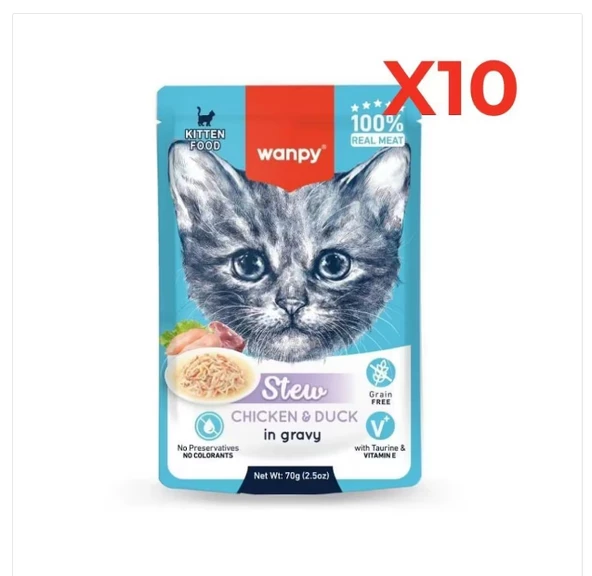 Wanpy Stew Pouch Tavuklu Ördekli Yaş Kedi Maması 70g 10'lu Paket ürün görseli 1