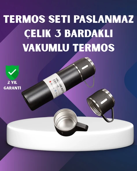 Paslanmaz Termos Ve İkili Bardak Seti | 6-12 Saat Sıcak/soğuk Tutma ürün görseli 1
