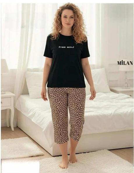 Mihra Kadın Milan Büyük Beden Bisiklet Yaka Kısa Kol KAPRİ  Pijama Takımı 50503S - 1 Adet  Siyah 5XL ürün görseli 1