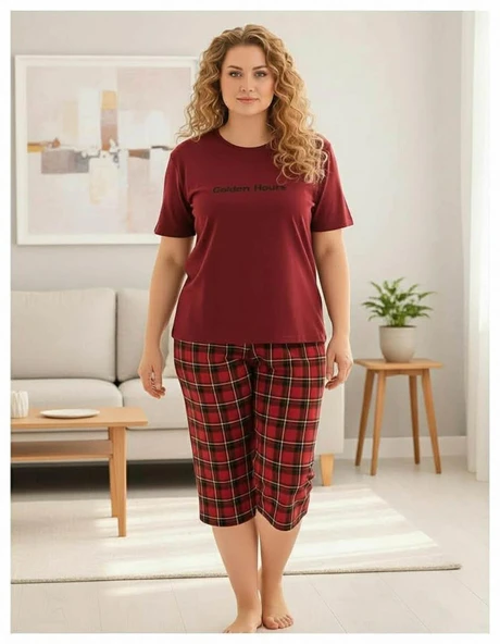 Mihra Kadın Milan Büyük Beden Bisiklet Yaka Kısa Kol KAPRİ  Pijama Takımı 50503B - 1 Adet  4XL Bordo ürün görseli 1