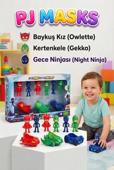 Pijamaskeliler Eklemleri Hareket Eden 8cm 6 Karakter Figürlü 3 Arabalı Eğitici Oyuncak Seti ürün görseli 1