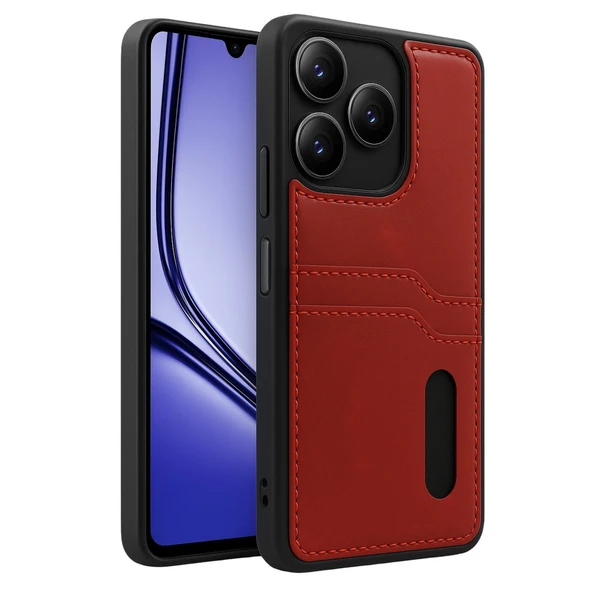 Realme Note 50 4g Kılıf Sara Kartvizitli Deri Kılıf - Kırmızı ürün görseli 1