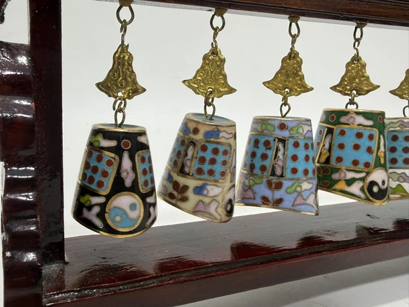 Vintage Çin Cloisonne Asma Çan Seti - Resim 3