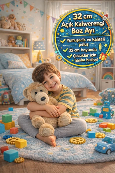 32 cm Açık Kahverengi Pelüş Oyuncak Boz Ayı Büyük Boy Yumuşak Ayıcık CE Sertifikalı Uyku Arkadaşı ürün görseli 1
