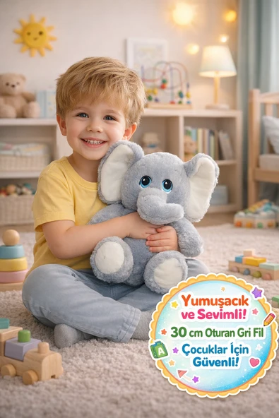 30 cm Oturan Gri Peluş Fil Oyuncak Yumuşak Uyku Arkadaşı Çocuk Oyuncağı ürün görseli 1
