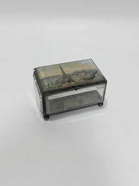 Vintage Fransız Bizote Camlı Mücevher Kutusu 13,5x9x8cm ürün görseli 1