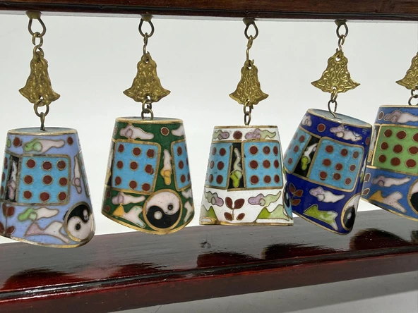 Vintage Çin Cloisonne Asma Çan Seti - Resim 4