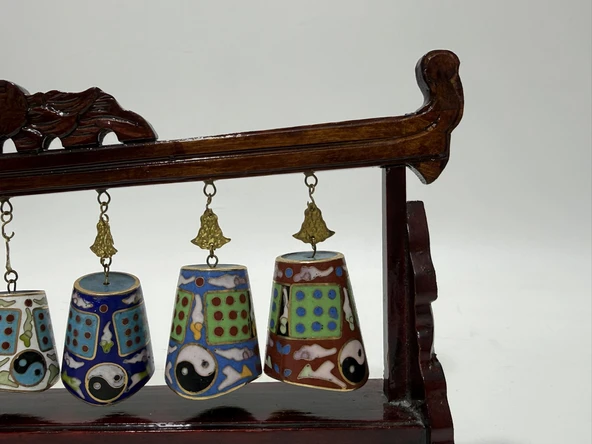Vintage Çin Cloisonne Asma Çan Seti - Resim 5