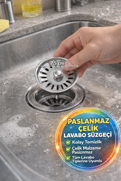 Paslanmaz Çelik Lavabo Süzgeci 8 cm Gider Tıpası Mutfak Banyo Koku Önleyici Filtre ürün görseli 1