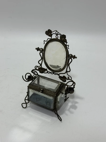 Vintage Fransız Bizote Camlı Aynalı Mücevher Kutusu 19x11x7,5cm ürün görseli 1