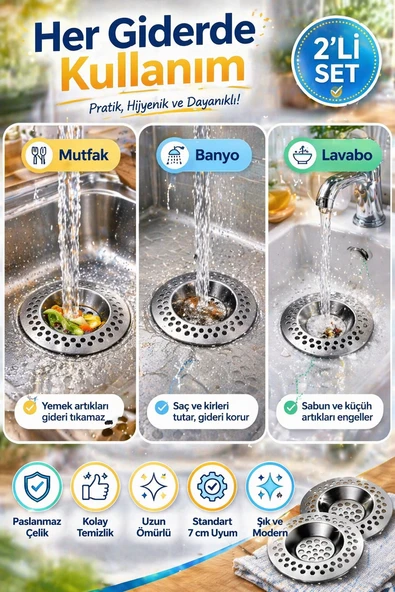 2'li Seyyar Paslanmaz Çelik Lavabo Süzgeci 7 cm Gider Filtresi Mutfak Banyo Tıkanma Önleyici ürün görseli 1