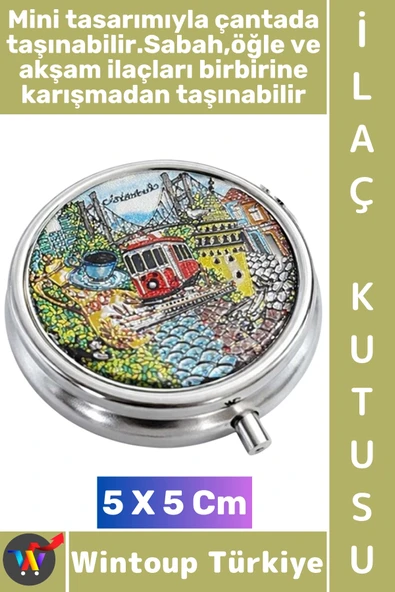 #Hediye Şık Dekoratif 3 Bölmeli Vitamin Hap Tablet İstanbul Temalı İlaç Saklama Kutusu 5 X 5 Cm ürün görseli 1