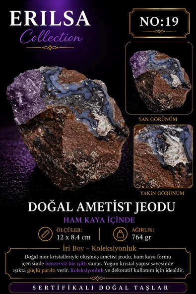 Sertifikalı Doğal Ametist Jeodu Taşı Kütle Büyük Boy Kristalli Ham Kaya Koleksiyonluk Mor Doğal Taş ürün görseli 1