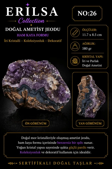 Sertifikalı Doğal Ametist Jeodu İri Kristalli Ham Kaya Kütle Koleksiyonluk Taş ürün görseli 1