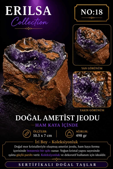 Sertifikalı Doğal Ametist Jeodu Taşı Kütle İri Kristalli Ham Kaya Mor Doğal Taş Dekor Koleksiyonluk ürün görseli 1