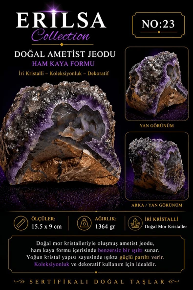 Sertifikalı Doğal Ametist Jeodu Taşı İri Kristal Ham Kaya Mor Ametist Büyük Kütle Dekoratif ürün görseli 1