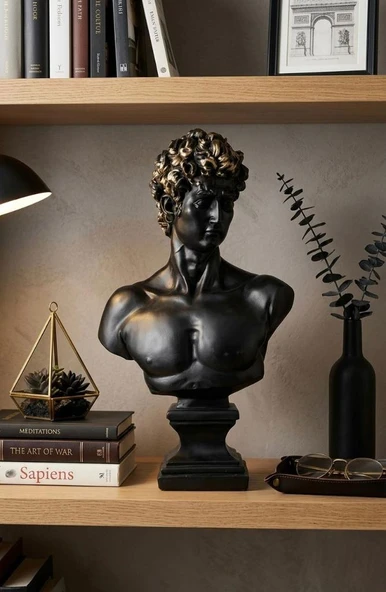Modern Dekoratif Biblo – Siyah Gold Detaylı David/ Davut Heykeli, Salon Konsol & Sehpa Üstü Şık Ev Dekorasyonu, Lüks Ofis Aksesuarı ürün görseli 1