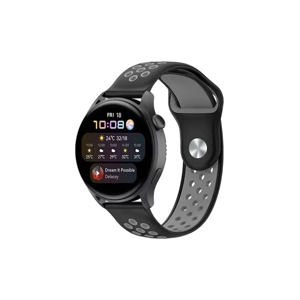 Watch 20mm Spor Delikli Kordon (saat Değildir) - Siyah-gri ürün görseli 1