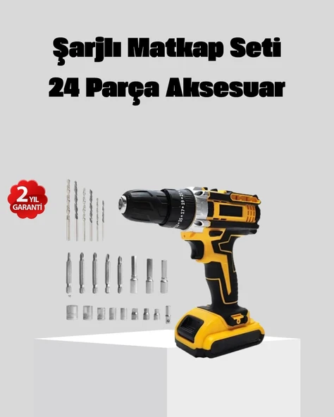24 Parça Çift Bataryalı Akülü Darbeli Matkap – Güçlü Motor, Metal Dişli, Led Işıklı ürün görseli 1