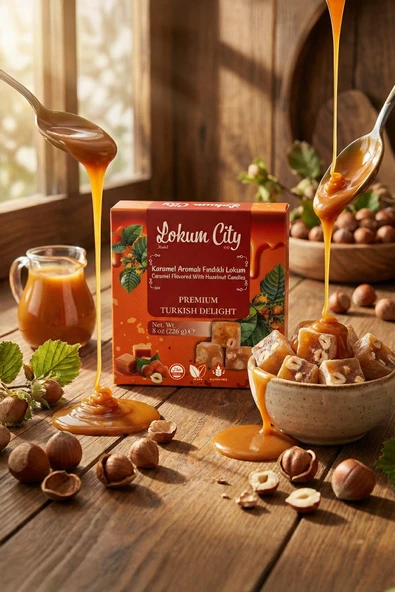 Karamel Aromalı Fındıklı Taze Türk Lokumu 226 gr - Yoğun Lezzetli Fındık Yumuşak Lokum ürün görseli 1
