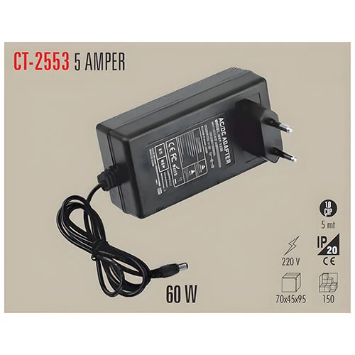 Cata Ct-2553 12V 5A 60W LED Adaptör Trafo 220V Fişli Güç Kaynağı LED Şerit Kamera ürün görseli 1
